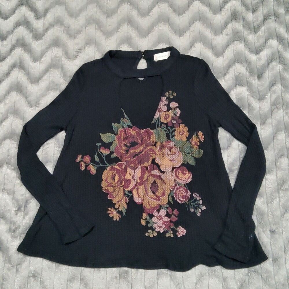 Altar'd State Womens Size S Black Floral Long Sleeve Waffle Knit Shirt